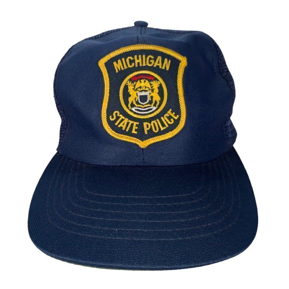 Vintage 80s Michigan State Police Snapback Truckers Hat Navy Adjustable OS